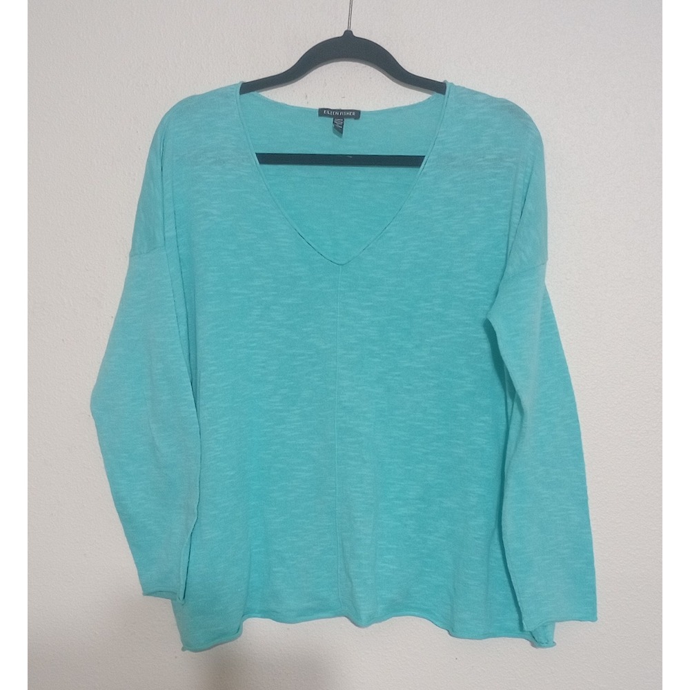 Eileen Fisher Aqua Organic Linen Cotton V-Neck Boxy Knit Sweater Medium